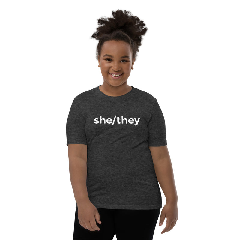 she/they Pronoun Youth T-Shirt